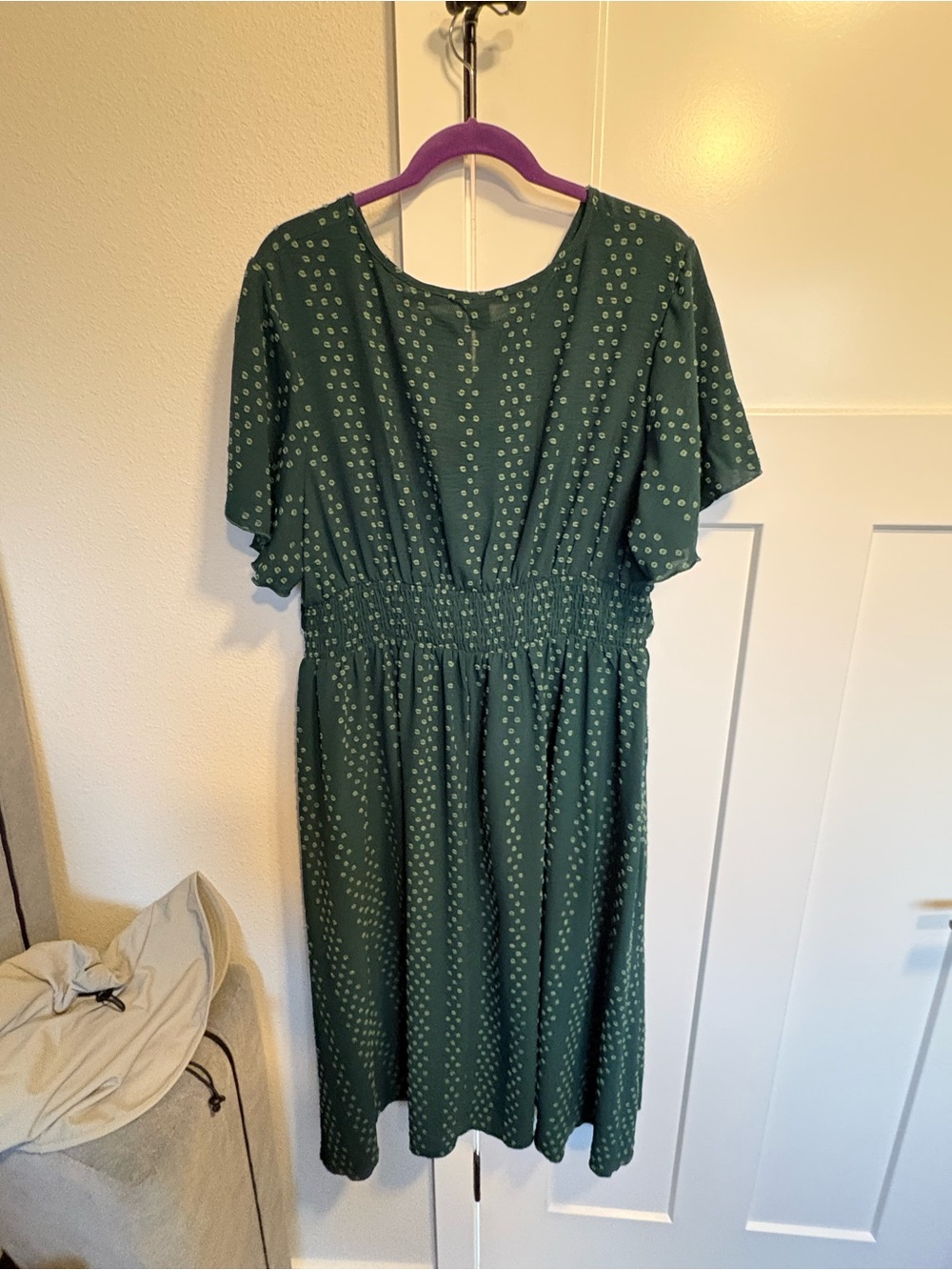 SHEIN Dark Green Dot Smocked Waist Midi Dress